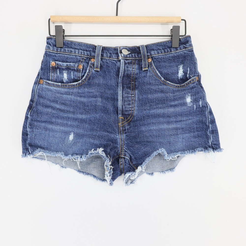 Levis 501 Original Shorts Womens 27 Blue Distressed Cutoff Button Fly Premium